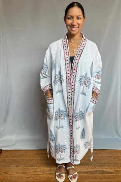 Block Print Waffle Cotton Robe - Blue Mughal