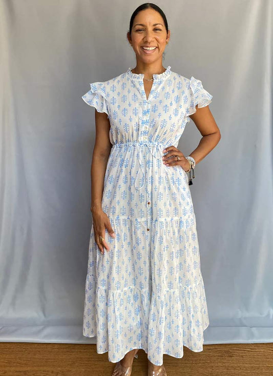 Block Print Cinched Waist Tier Dress - Blue