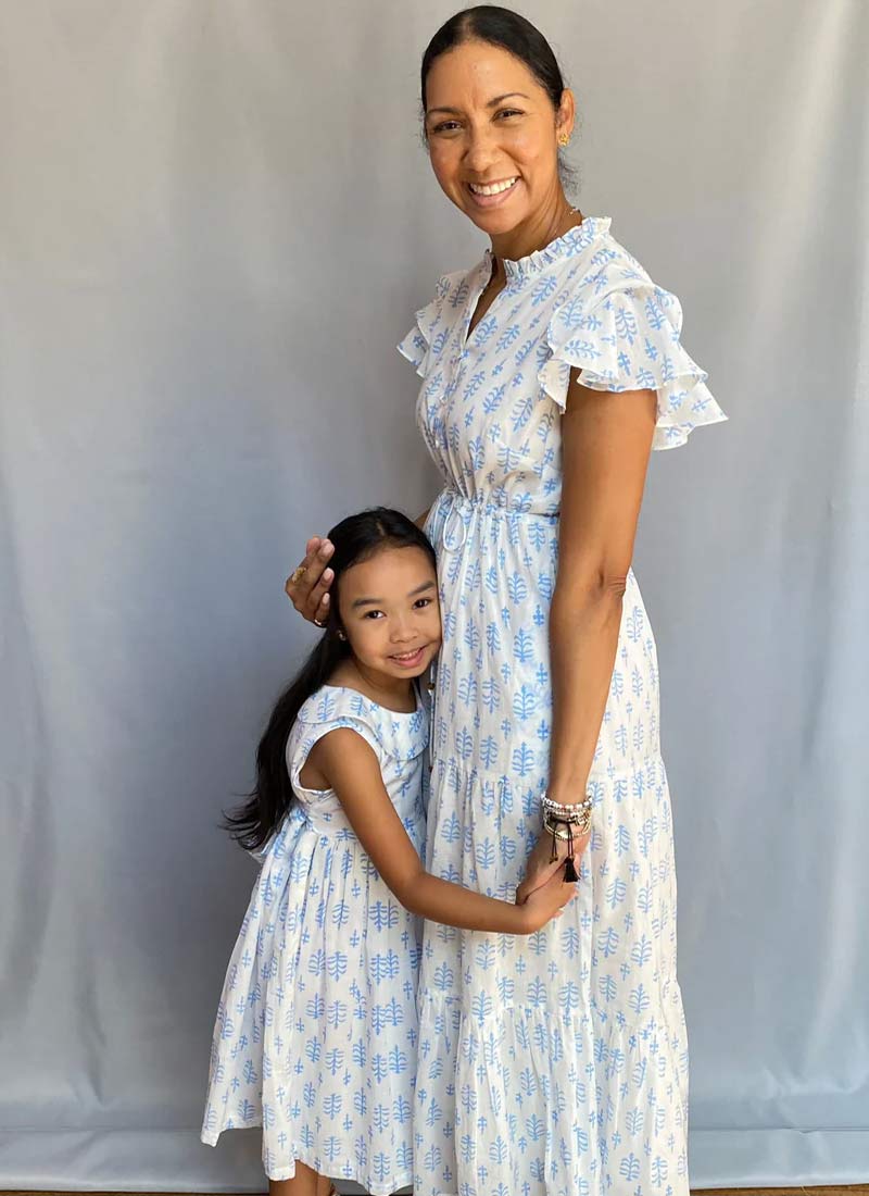 Block Print Cinched Waist Tier Dress - Blue