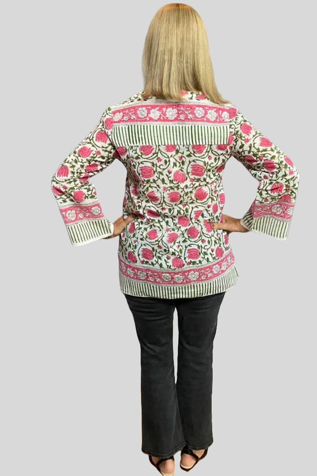 Block Print Lightweight Blouse - Pink and Green