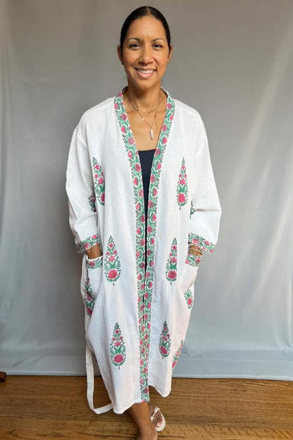 Block Print Waffle Cotton Robe - Pink & Green Mughal