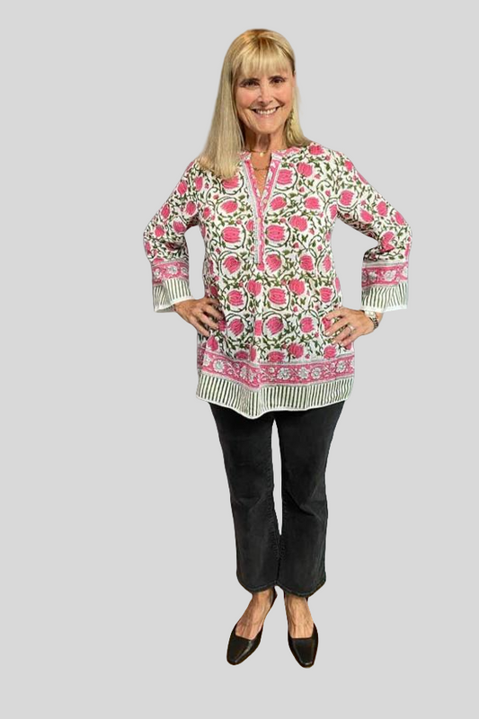 Block Print Lightweight Blouse - Pink and Green