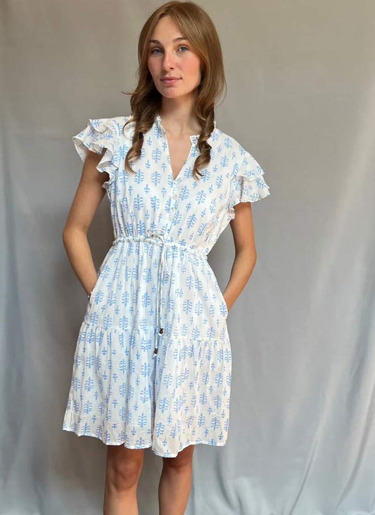 Block Print Cinched Waist Tier Dress - Blue - Short