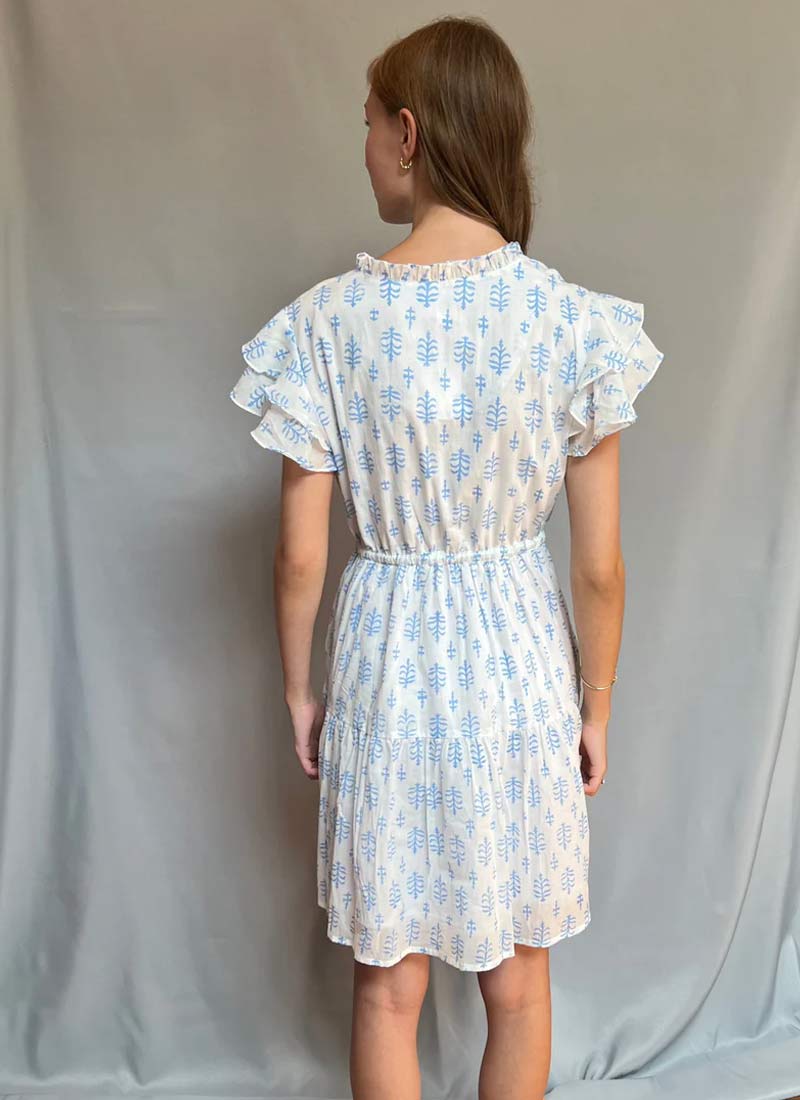 Block Print Cinched Waist Tier Dress - Blue - Short