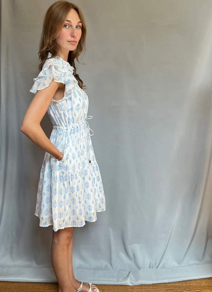 Block Print Cinched Waist Tier Dress - Blue - Short