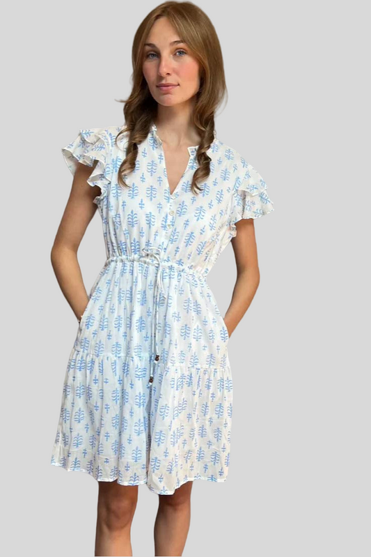 Block Print Cinched Waist Tier Dress - Short