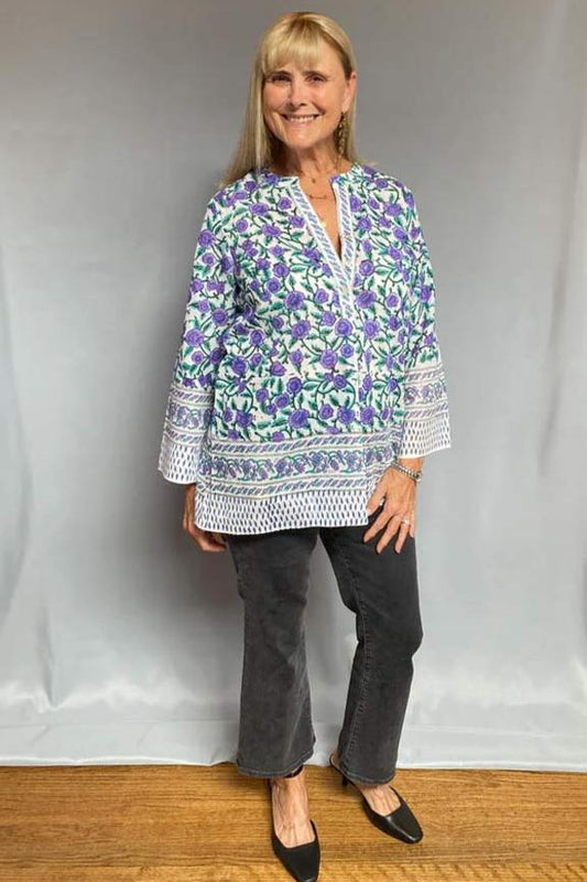 Block Print Lightweight Blouse - Purple and Green