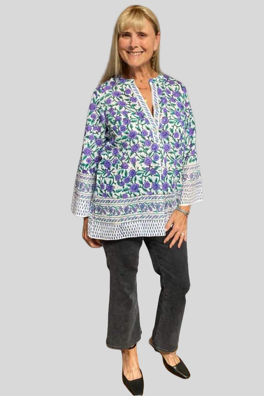 Block Print Lightweight Blouse - Purple and Green