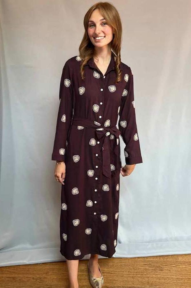 Embroidered Shirt Dress - Brown