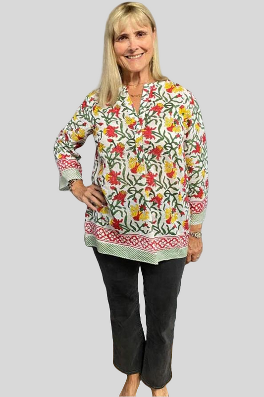 Block Print Lightweight Blouse - Red and Green