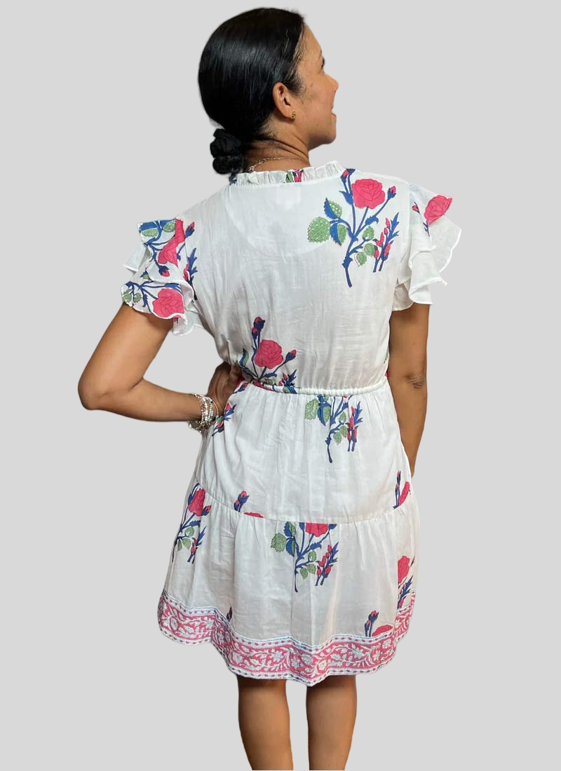 Block Print Cinched Waist Tier Dress - Short