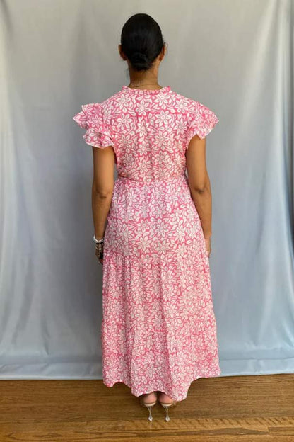 Block Print Cinched Waist Tier Dress - Pink