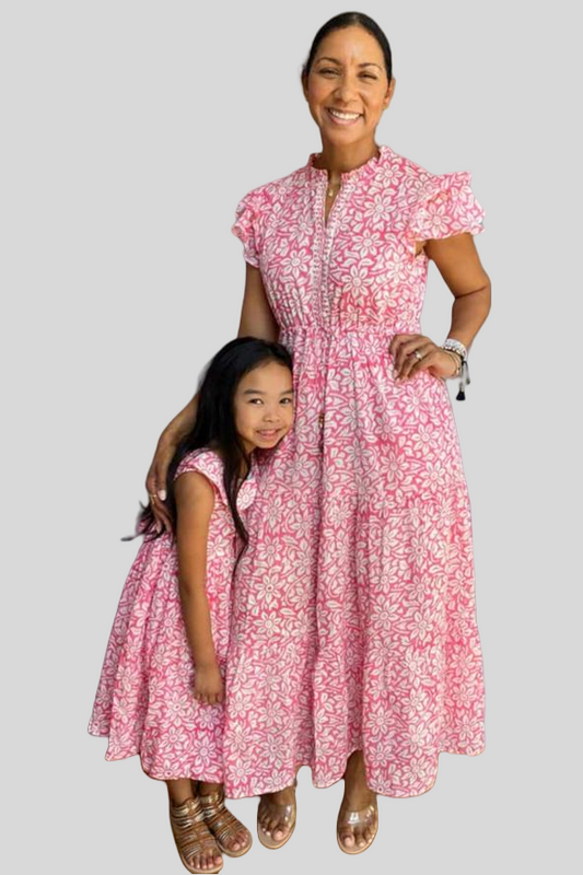 Block Print Cinched Waist Tier Dress