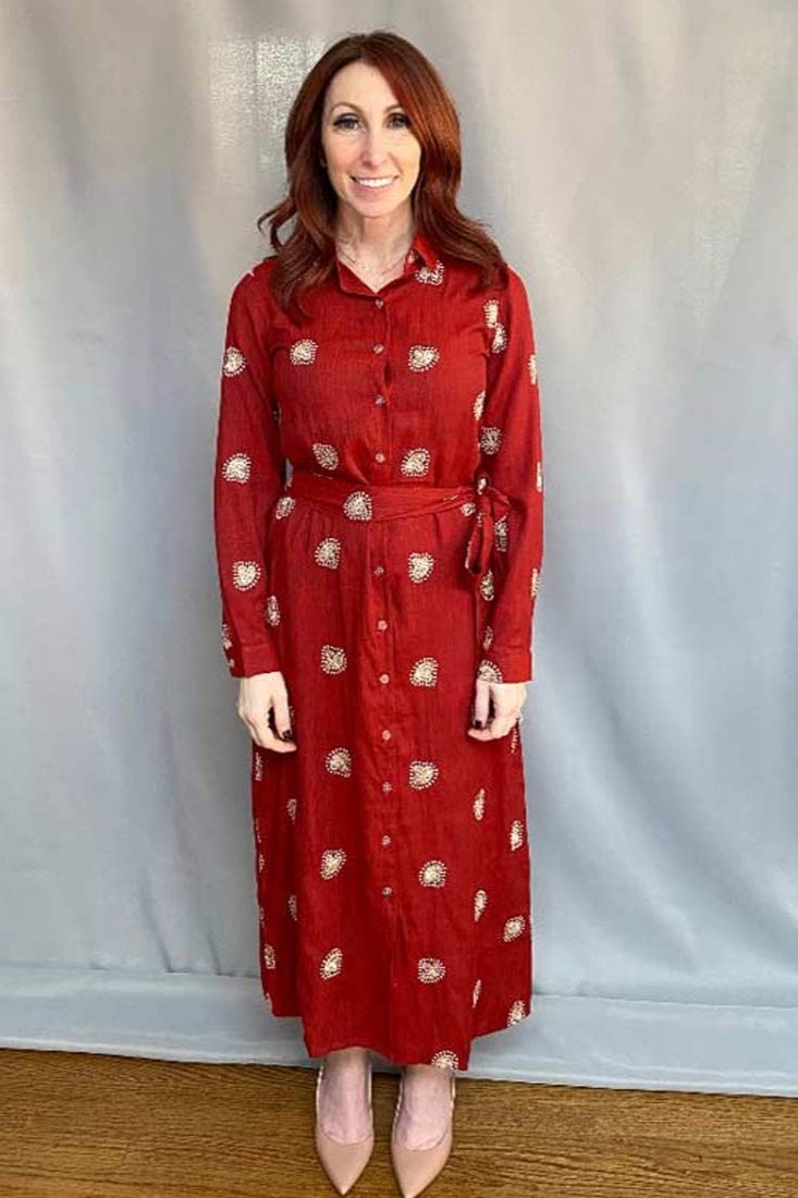 Embroidered Shirt Dress - Red