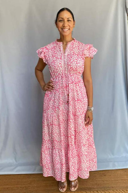 Block Print Cinched Waist Tier Dress - Pink