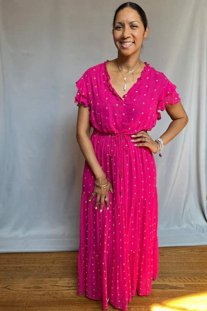 Gold Sequin Cinched Waist Tier Dress - Fuschia