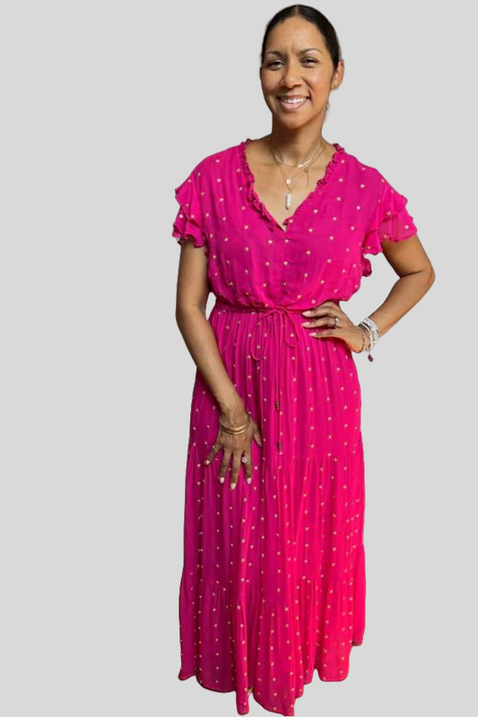 Gold Sequin Cinched Waist Tier Dress - Fuschia