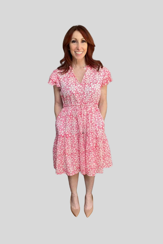 Block Print Cinched Waist Tier Dress - Pink - Short
