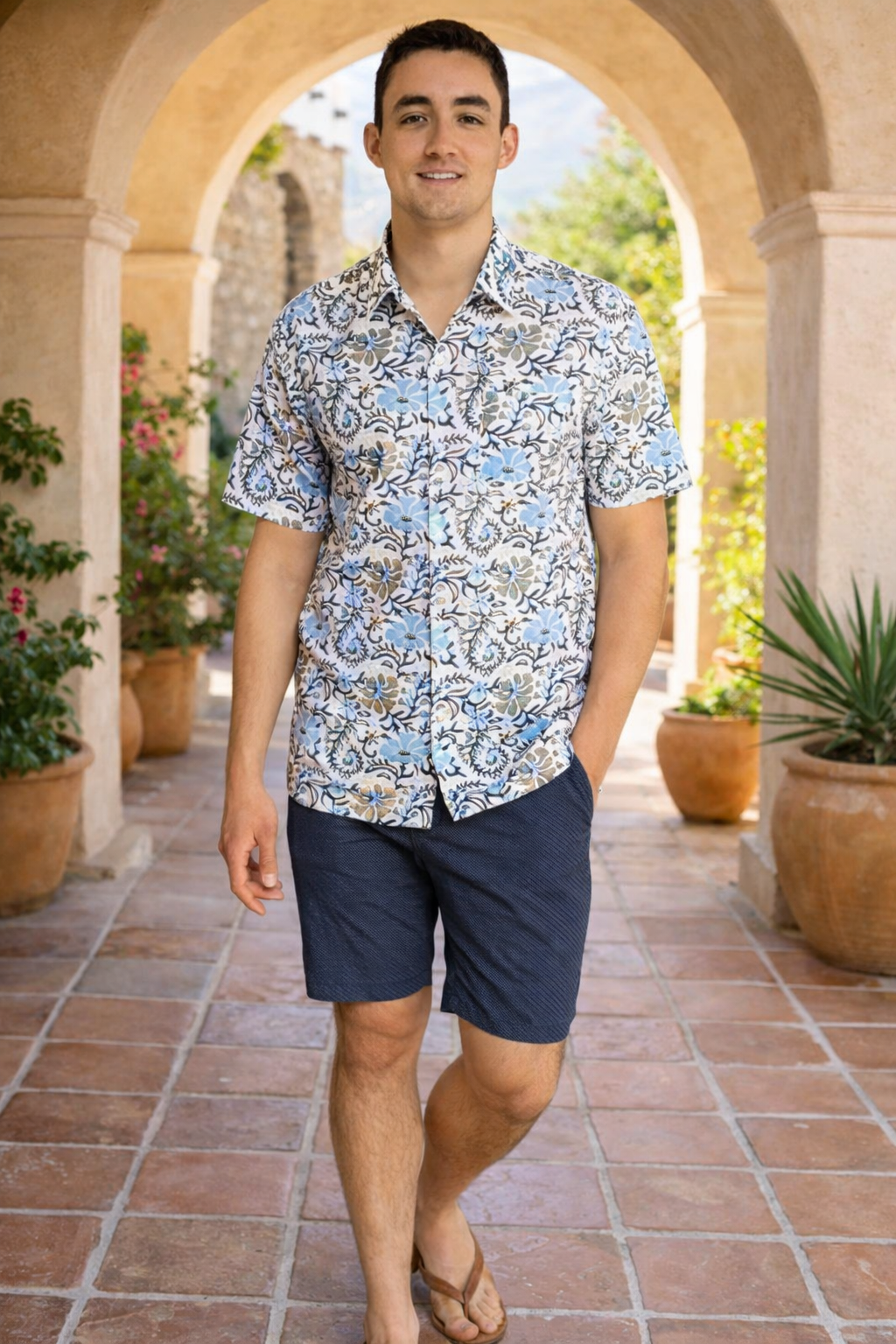 Block Print Men's Shirt - Short Sleeves - Blue