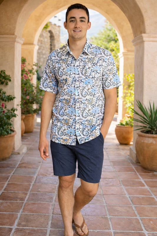Block Print Men's Shirt - Short Sleeves - Blue