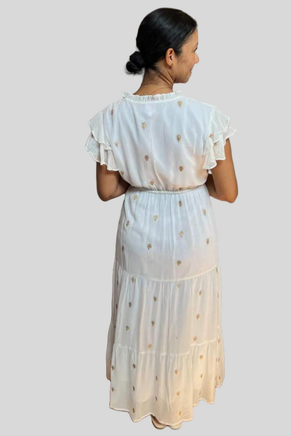 Gold Sequin Cinched Waist Tier Dress