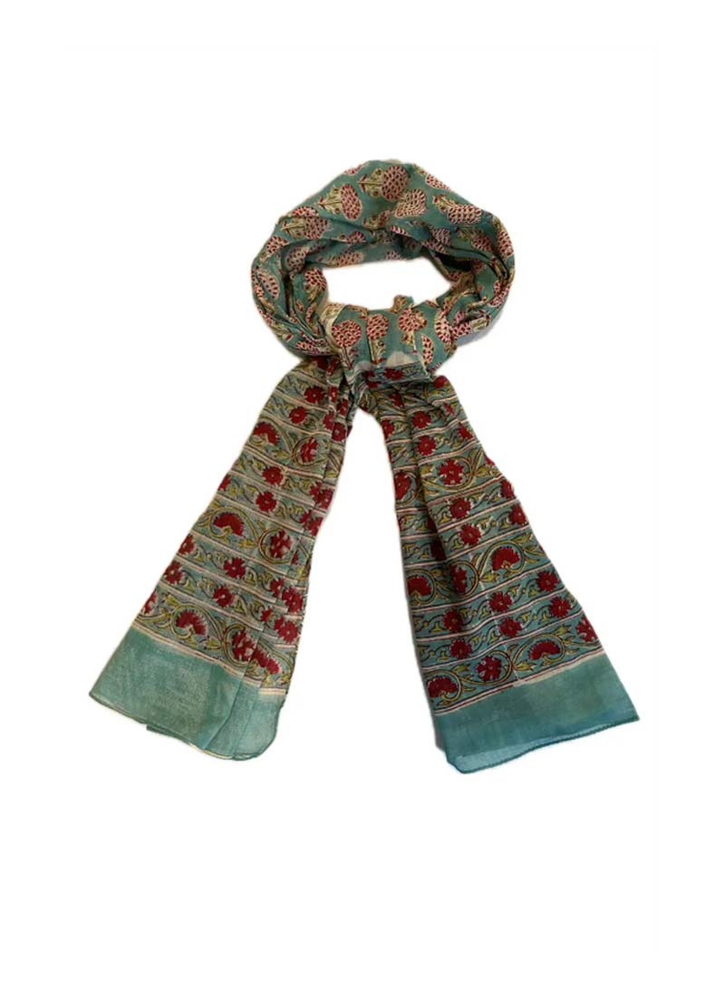 Block Print Cotton Scarf - Green & Red