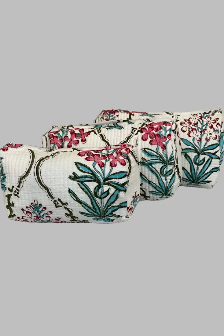 Block Print Nested Cosmetic Bags - Set of 3 - White Floral