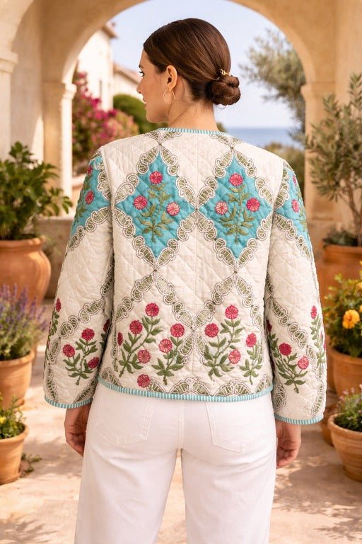 Block Print Quilted Cropped Reversible Jacket - Moghul Pattern