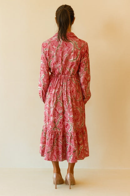 Block Print Cinched Waist Midi Dress - Dusty Floral Print