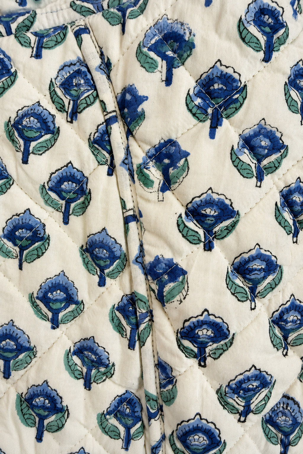 Close-up of a quilted fabric with a repeating floral block print in blue and green on an off-white background.