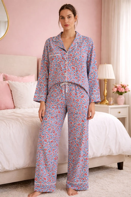 Block Print Pajama Set - Red, White, & Blue Mini Floral