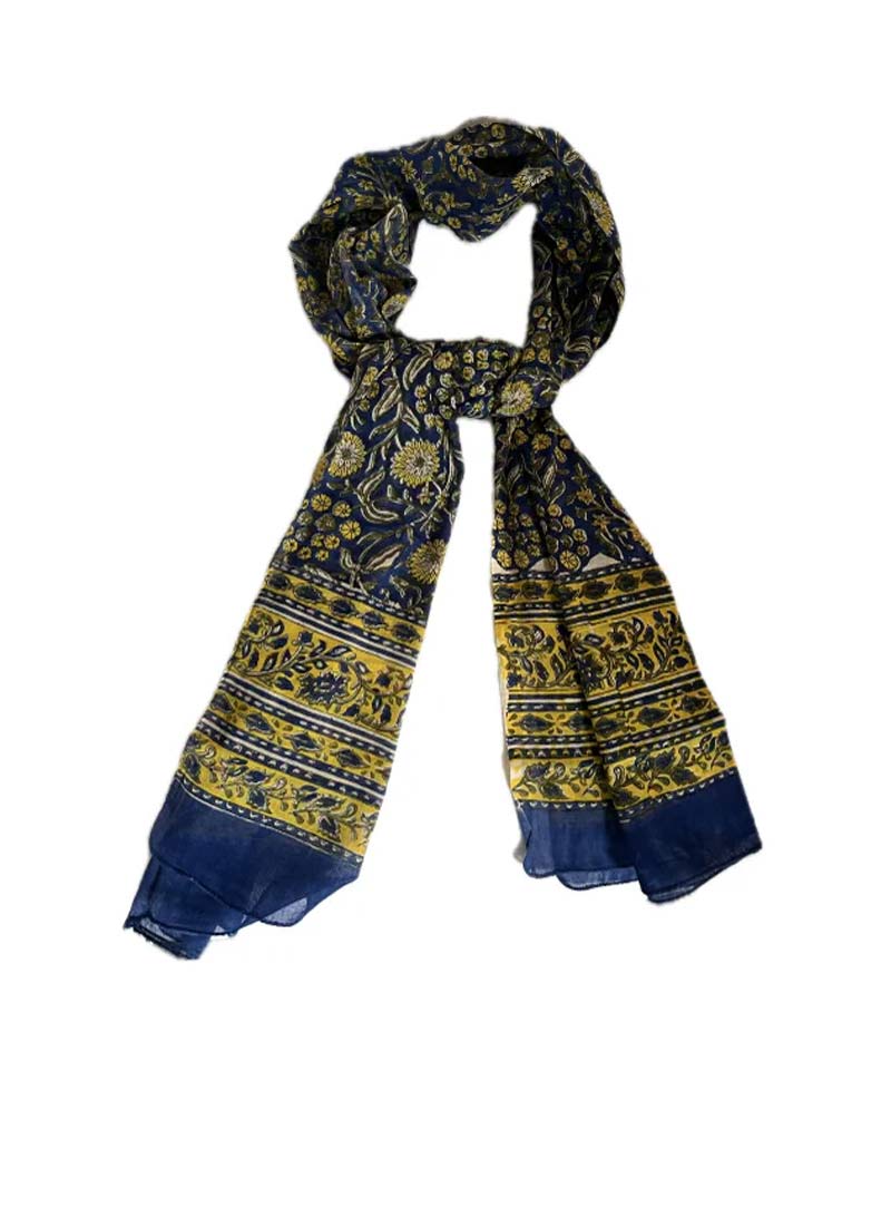 Block Print Cotton Scarf - Navy Blue & Yellow