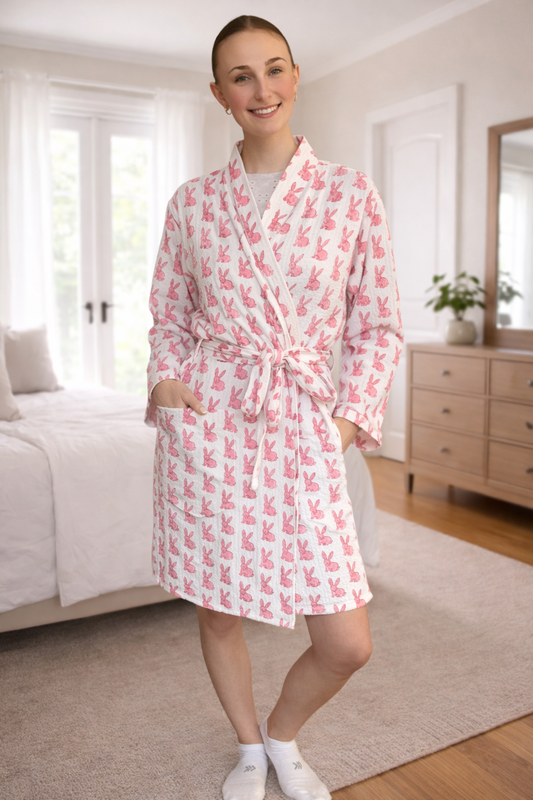 Block Print Waffle Cotton Robe - Pink Bunny