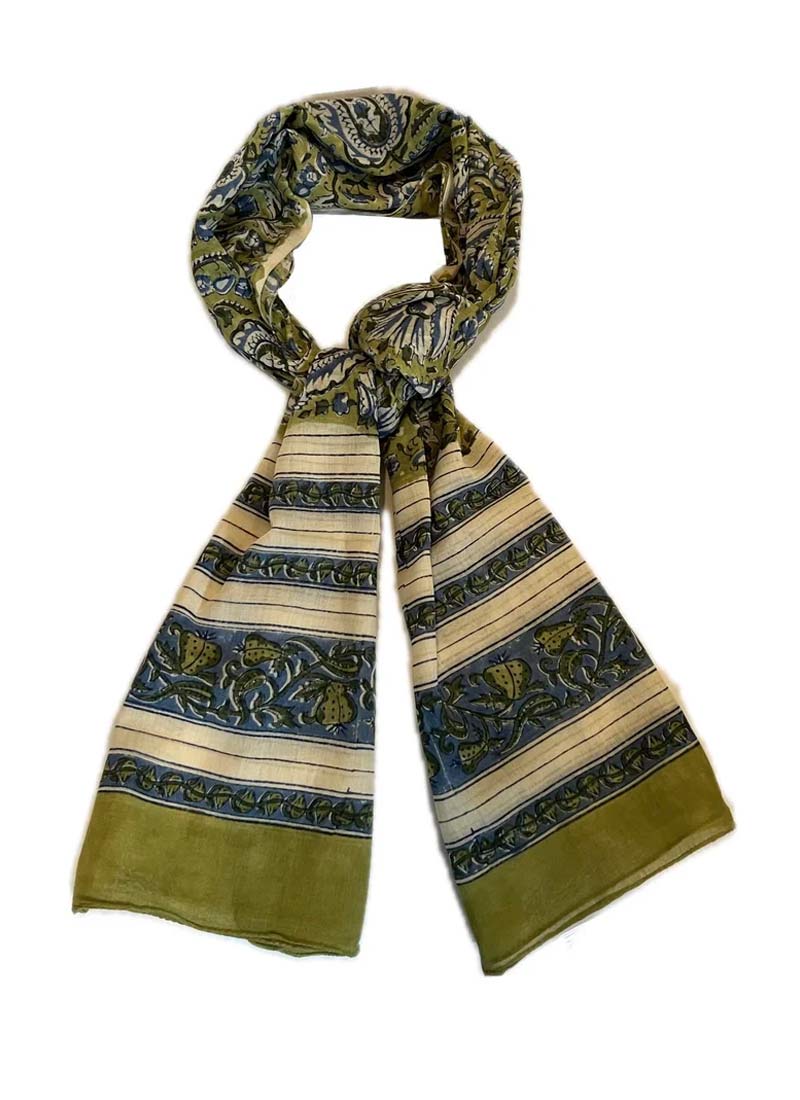 Block Print Cotton Scarf - Olive Green & Blue