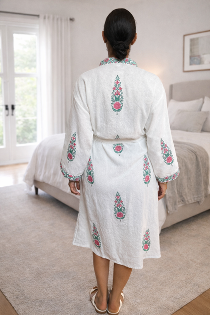 Block Print Waffle Cotton Robe - Pink & Green Mughal