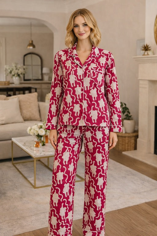 Block Print Pajama Set - Hot Pink Tiger Print
