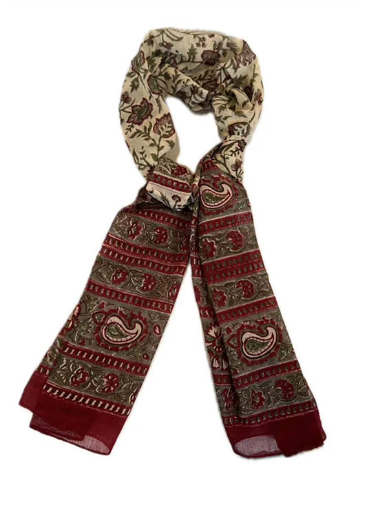 Block Print Cotton Scarf - Taupe & Wine