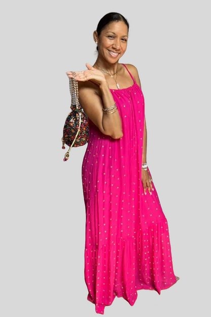 Gold Sequin Maxi Dress - Fuschia