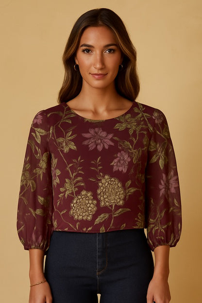 Cropped Organza Crew Neck Shirt - Wine Plum Floral