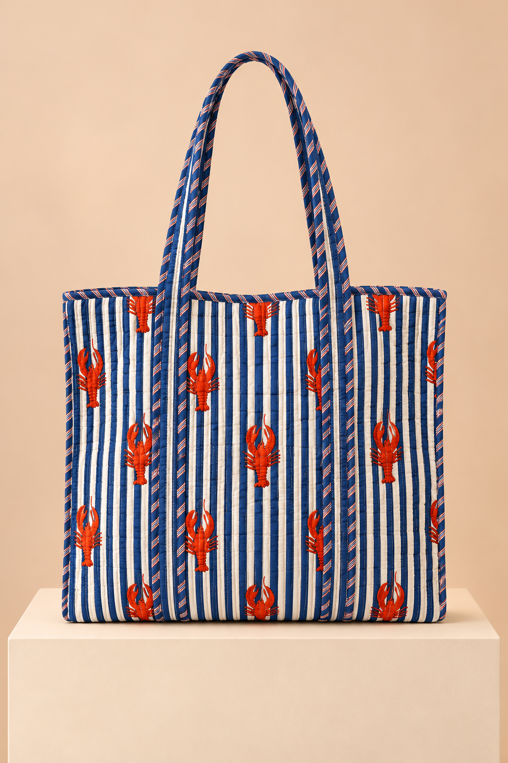 Zippered Tote Bag - Blue Striped Lobster