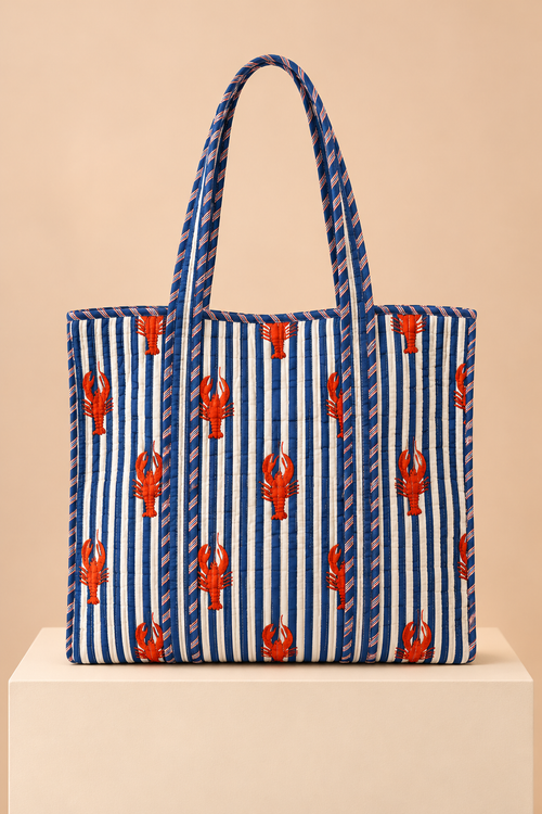Zippered Tote Bag - Blue Striped Lobster