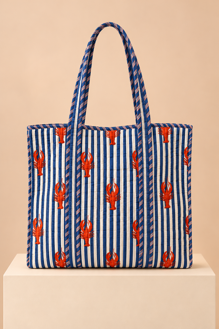 Zippered Tote Bag - Blue Striped Lobster