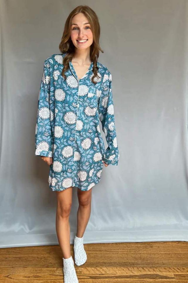 Block Print Pajama Shirt - Blue large floral