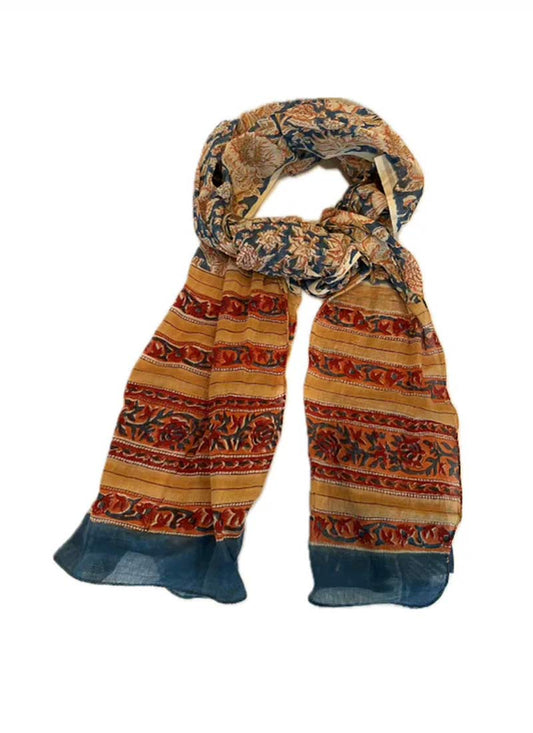 Block Print Cotton Scarf - Teal Blue & Orange