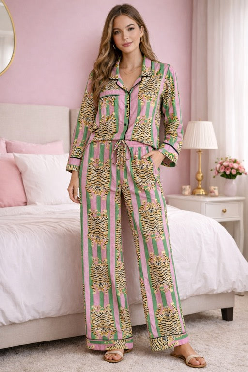 Tiger Print Pajama Set - Pink & Green