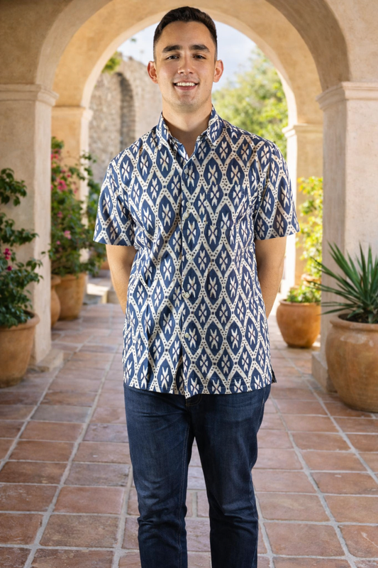 Block Print Men's Shirt - Short Sleeves - Ikat