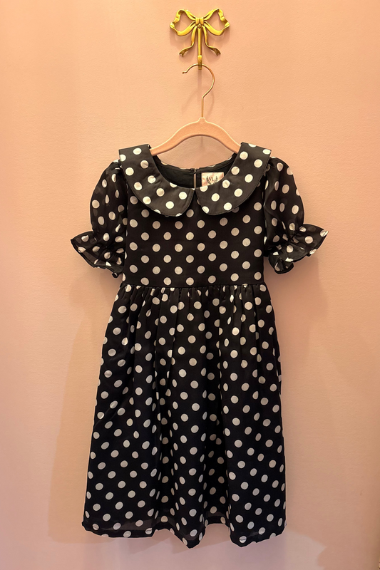 Satin Girl's Dress - White Polka Dots on Black