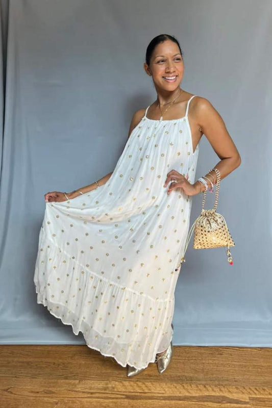 Gold Sequin Maxi Dress - White