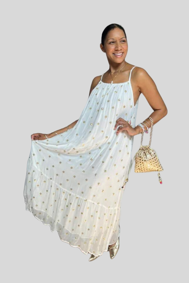 Gold Sequin Maxi Dress - White