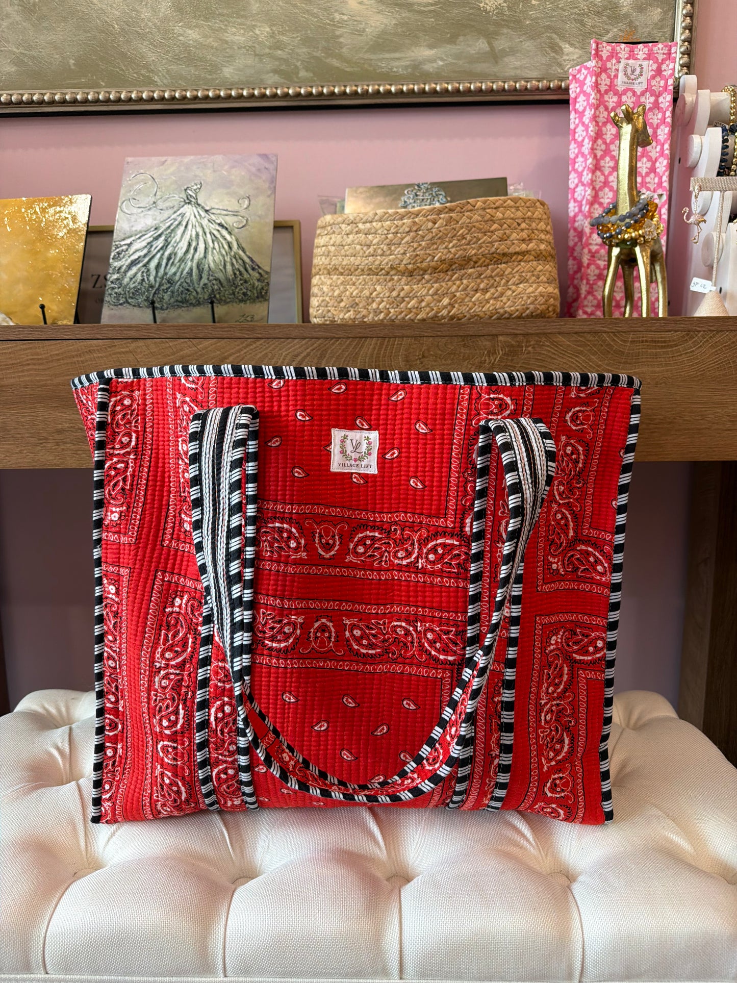 Block Print Reversible Tote Bag - Red Bandanna